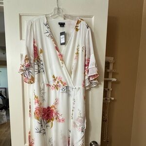 City Chic White Floral Wrap Maxi Dress with Pink & Gold Accents